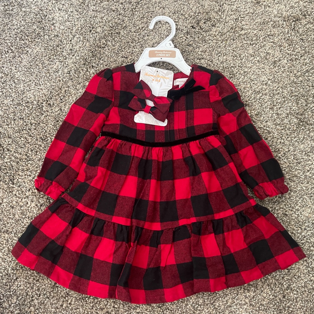 NWT Baby Infant Tommy Bahama Christmas Buffalo Plaid Dress & Hair Bows Sz 12M